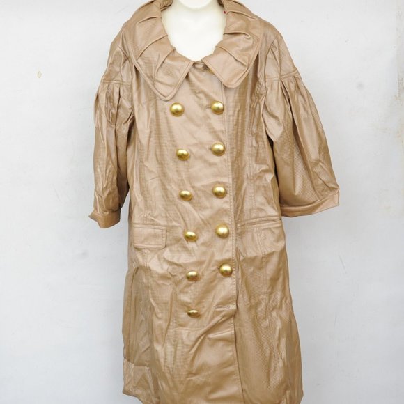 VERTIGO Paris Gold Polyurithane Square Print Double Breasted Trench Coat Women L - Picture 1 of 8